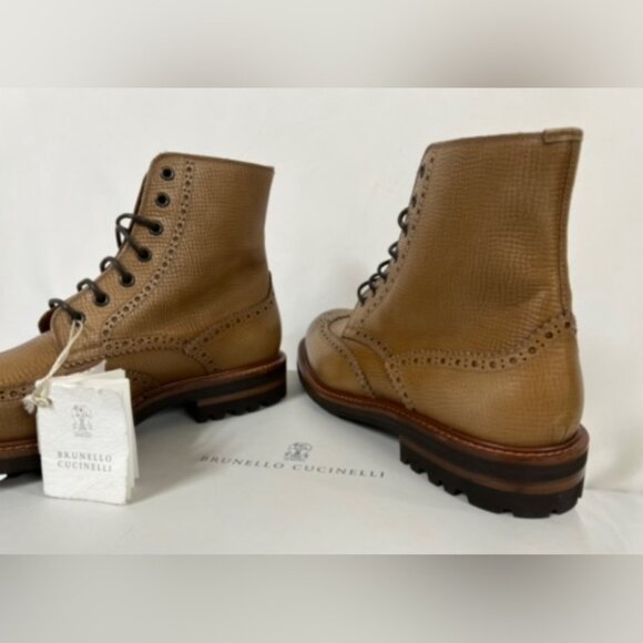 NIB Brunello Cucinelli Tan Textured Leather Wingtip Boots 42EU/9US $1595.00 main image 12